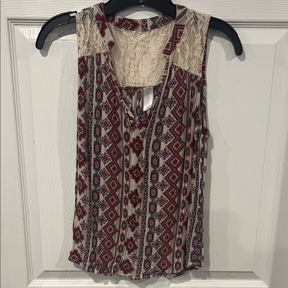 No Boundaries Burgundy and Cream Geometric Tank Top